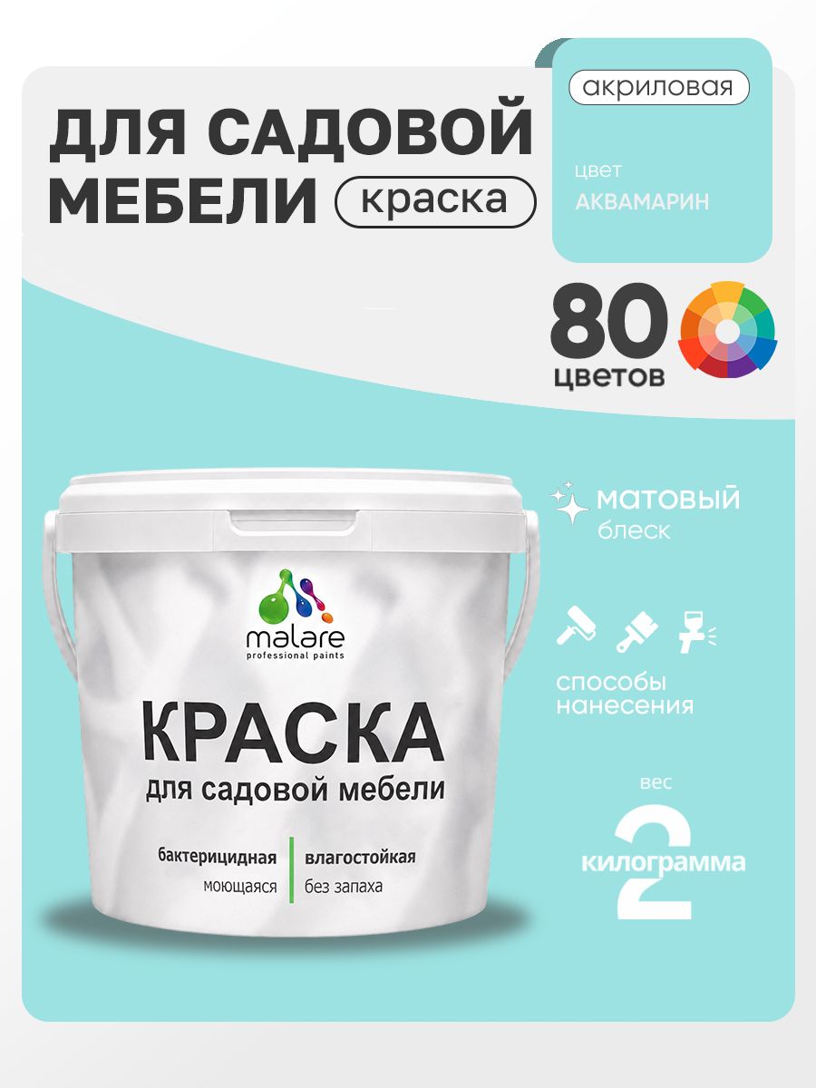 Акриловая краска Malare для садовой мебели/ по дереву, для наружных и внутренних работ/ быстросохнущая моющаяся без запаха матовая, аквамарин, 2 кг