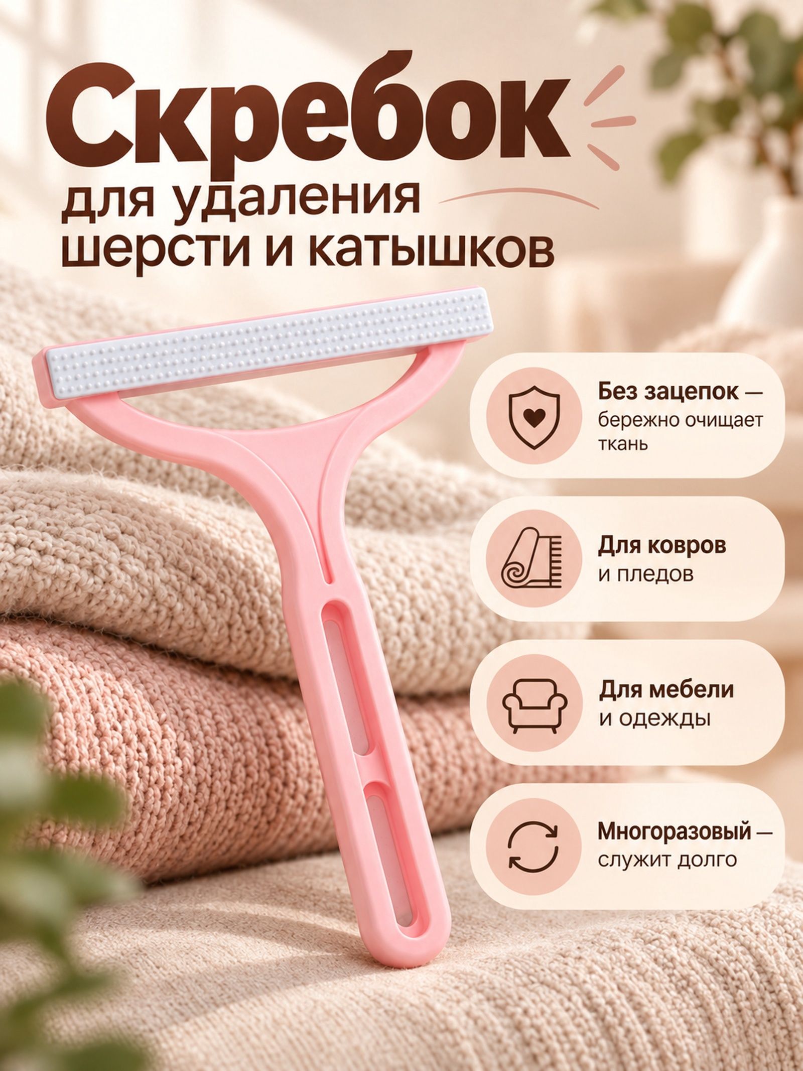 Скребок для удаления шерсти, катышек, волос, 12х14,5 см, щетка для одежды, ковров, мебели