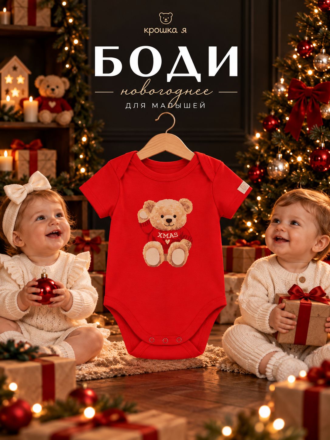 Новогоднее боди для новорожденных Крошка Я. медвежата , красное, рост 86-92 см