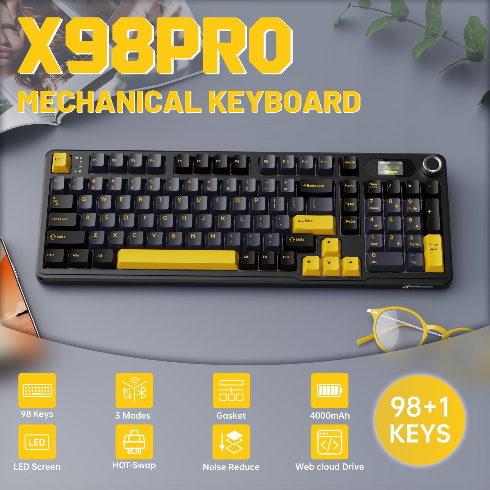 ИгроваяклавиатурабеспроводнаяATTACKSHARKX98pro,(AttackShark),Русскаяраскладка,черныйматовый,горчичный