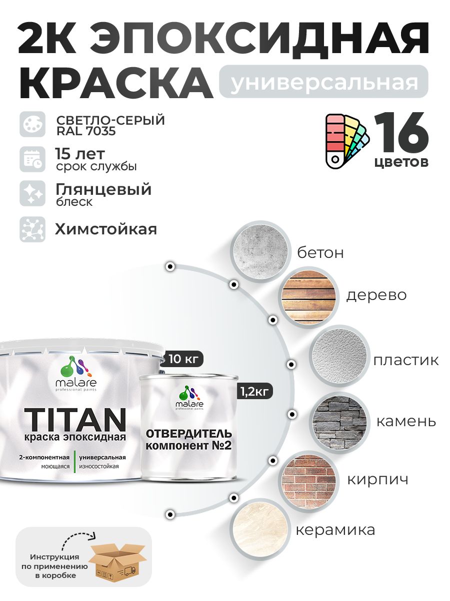 2К Эпоксидная краска Malare TITAN универсальная, двухкомпонентная влагостойкая высокопрочная износостойкая, RAL 7035 светло-серый, глянцевая, (10 кг + 1,2кг отвердитель)