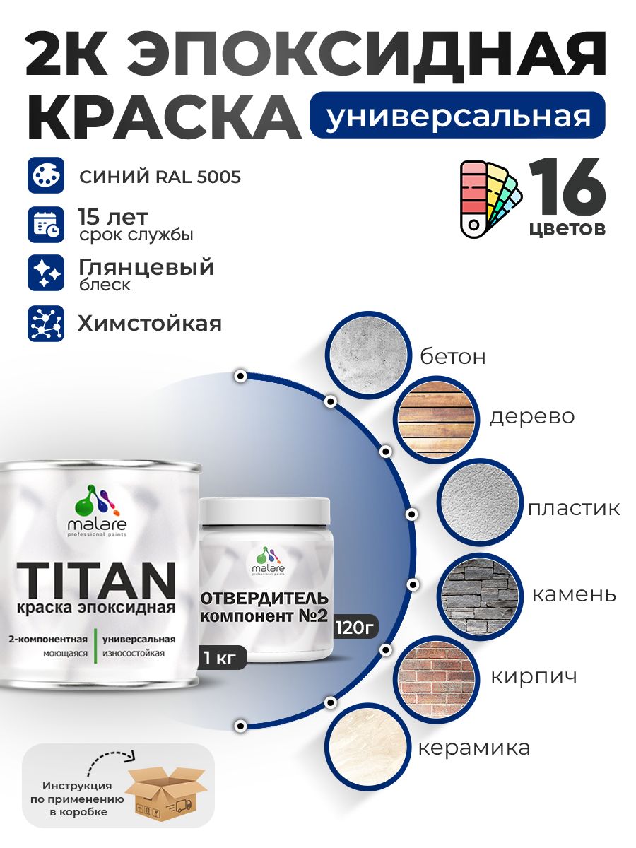 2К Эпоксидная краска Malare TITAN универсальная, двухкомпонентная влагостойкая высокопрочная износостойкая, RAL 5005 синий, глянцевая, (1 кг + 0,12кг отвердитель)