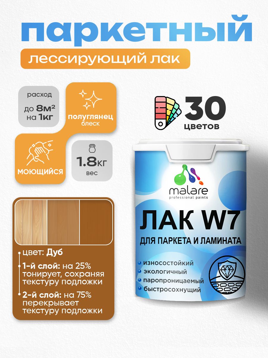 Лак колерованный тонирующий для паркета и ламината Malare W7 для дерева и минера