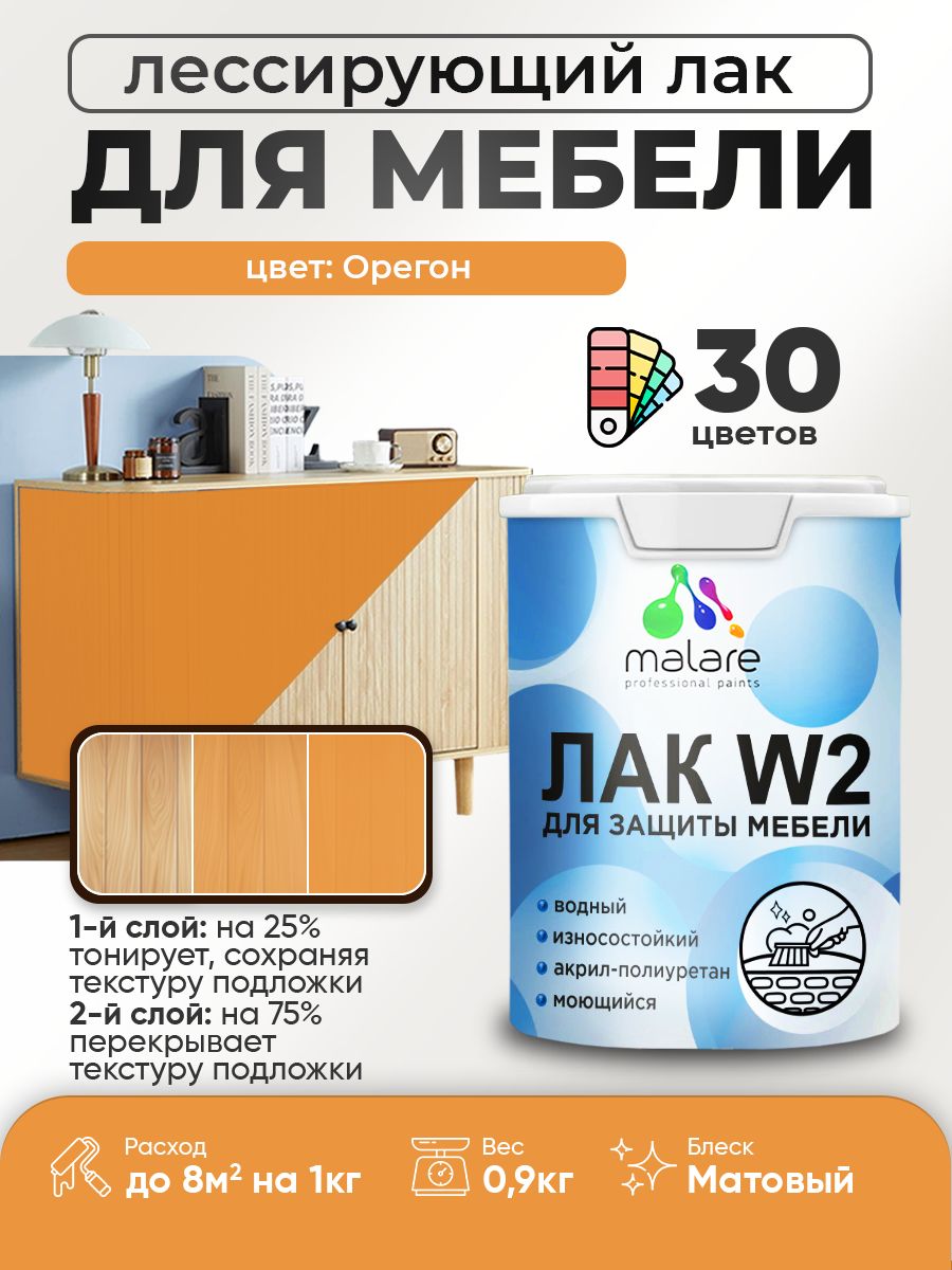 Лак колерованный тонирующий лак для мебели Malare W2 для кухонных фасадов, для дерева и минеральных поверхностей, акриловый быстросохнущий без запаха, матовый, орегон, 0.9 кг.