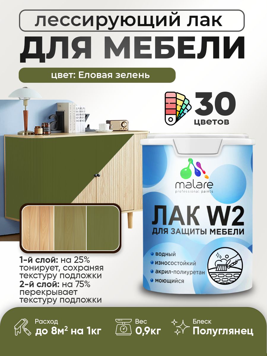 Лак колерованный тонирующий лак для мебели Malare W2 для кухонных фасадов, для дерева и минеральных поверхностей, акриловый быстросохнущий без запаха, полуглянцевый, еловая зелень, 0.9 кг.