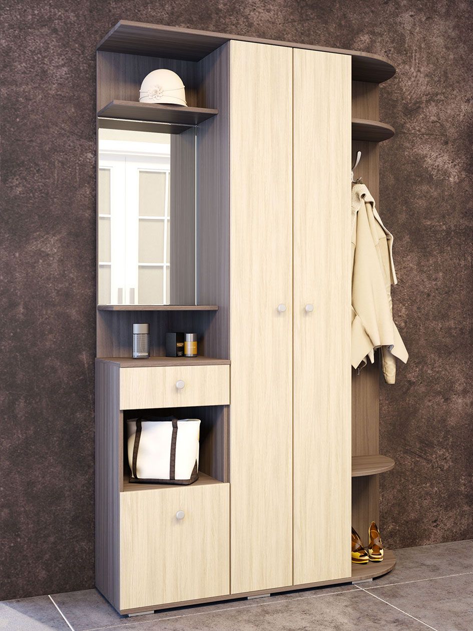 ПрихожаякомплектВизасошкафом,сполками,сзеркалом,свешалкой,120х35х203см,ЯсеньШимосветлый