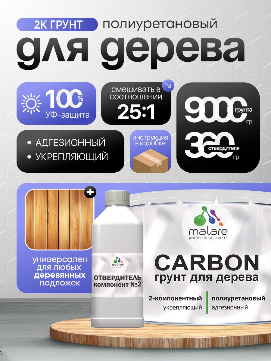 2К полиуретановый грунт Malare CARBON по дереву, двухкомпонентный адгезионный выравнивающий, износостойкий укрепляющий УФ-стойкий эластичный (9 кг + 360 гр отвердитель)