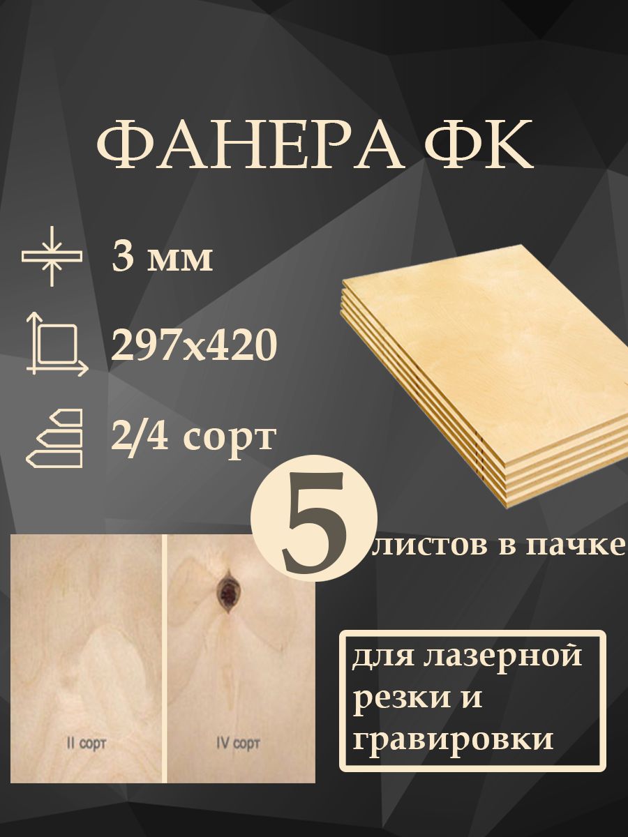 ФанерашлифованнаяФКсорт2/4А3(297*420)5листов3мм