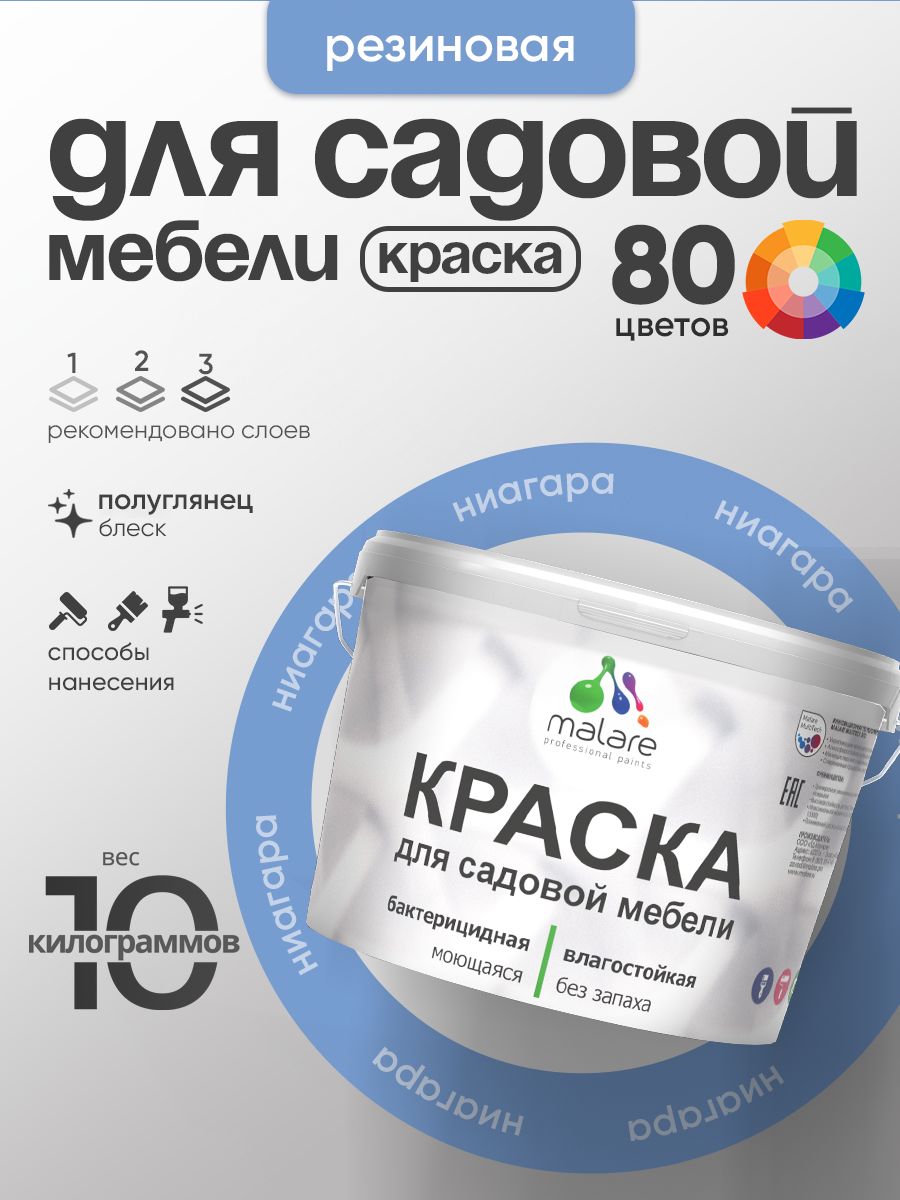 Резиновая краска Malare для садовой мебели/ по дереву, для наружных и внутренних работ/ быстросохнущая моющаяся без запаха полуглянцевая, ниагара, 10 кг