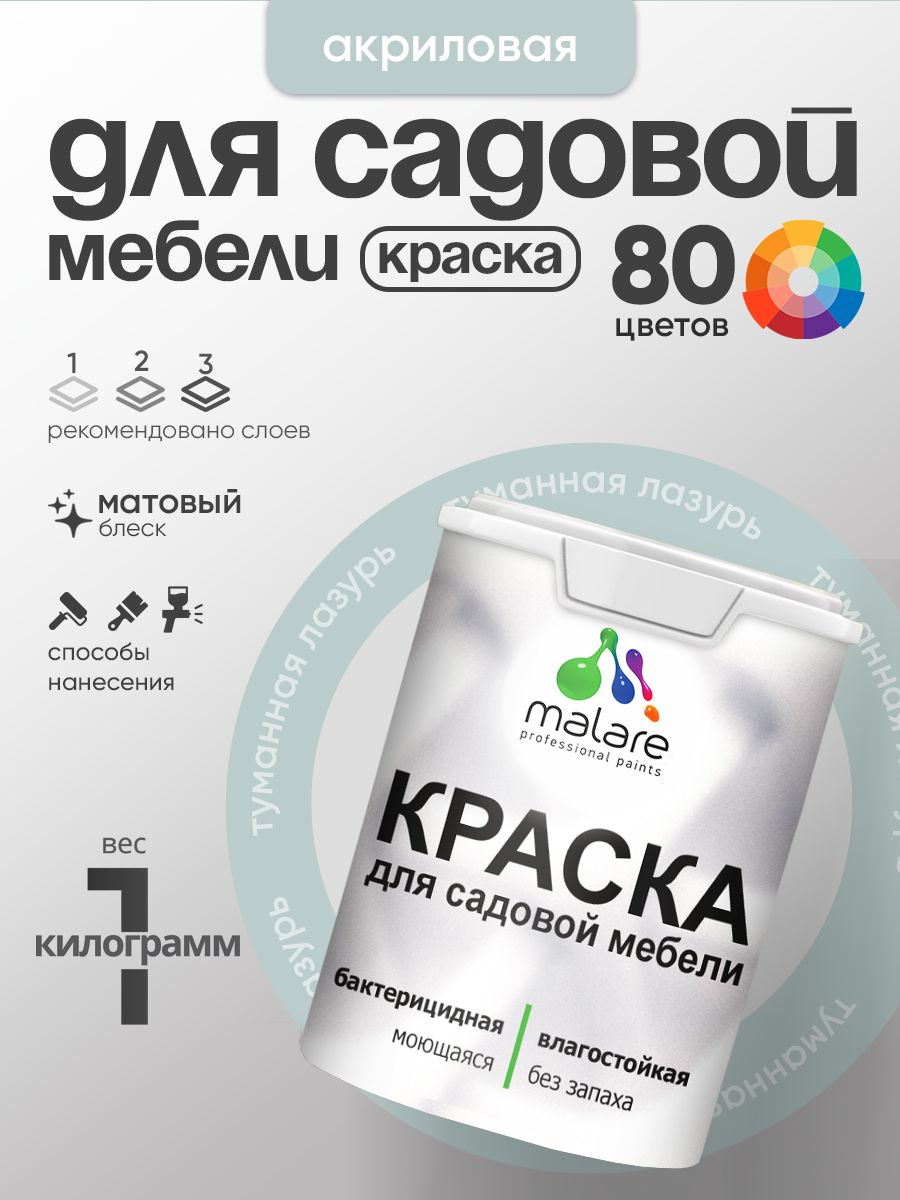 Акриловая краска Malare для садовой мебели/ по дереву, для наружных и внутренних работ/ быстросохнущая моющаяся без запаха матовая, туманная лазурь, 1 кг