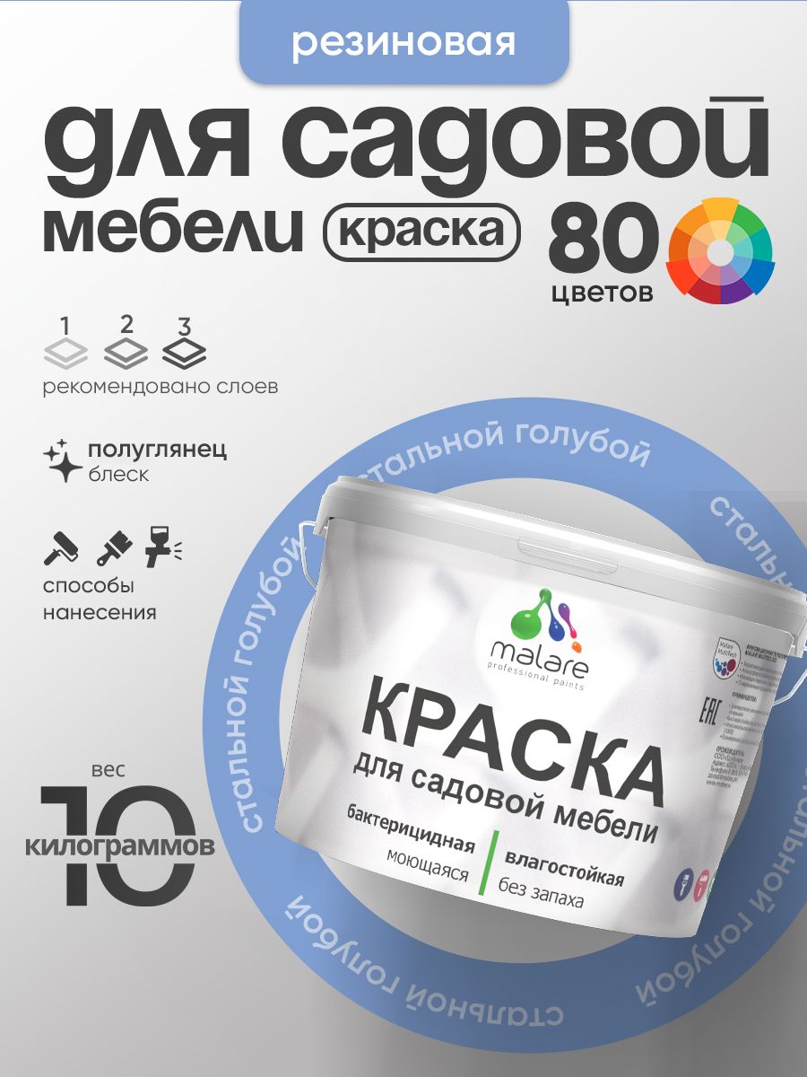 Резиновая краска Malare для садовой мебели/ по дереву, для наружных и внутренних работ/ быстросохнущая моющаяся без запаха полуглянцевая, стальной голубой, 10 кг