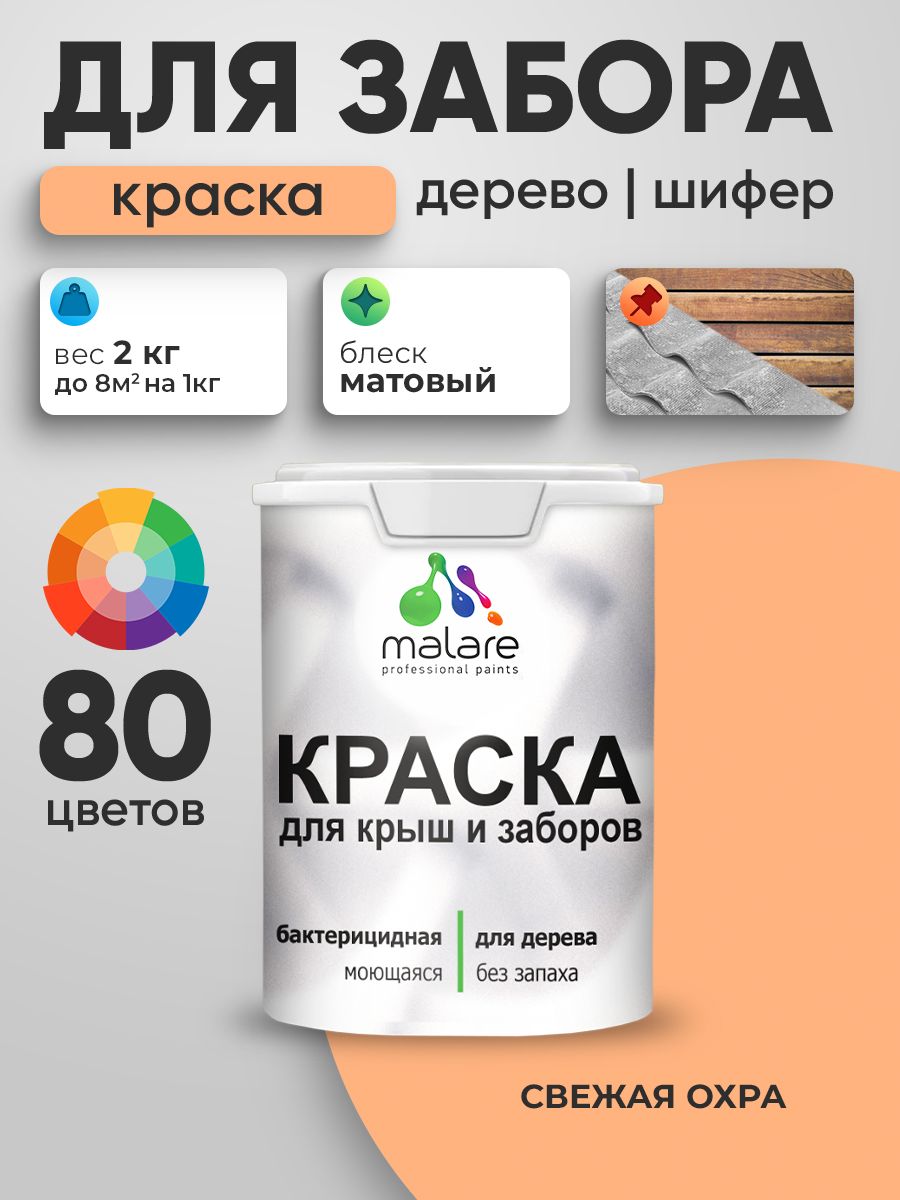Акриловая краска Malare для деревянного забора/ по дереву для наружных и внутренних работ/ быстросохнущая моющаяся без запаха, матовая, свежая охра, 2 кг.
