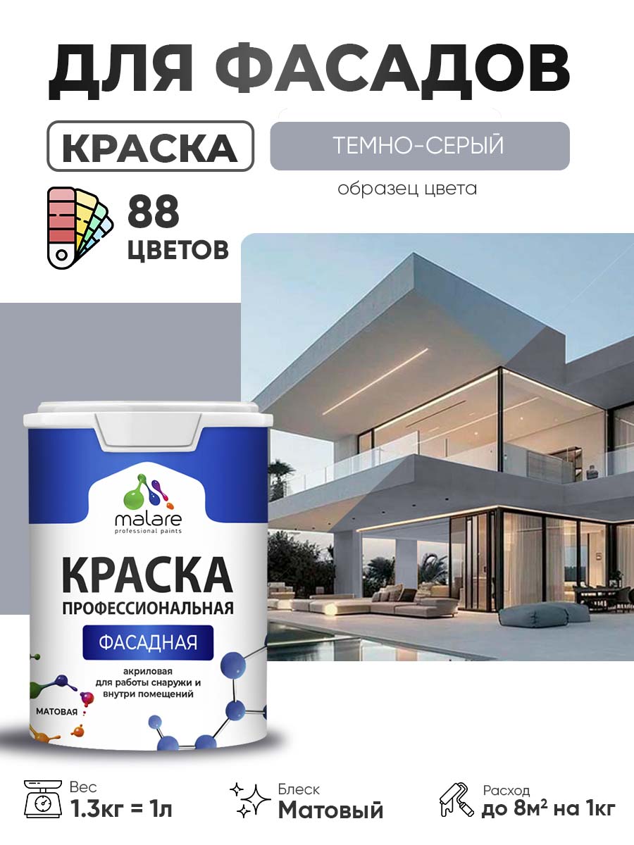 Краска фасадная для наружных работ Malare Professional для дерева по бетону, для минеральных поверхностей, акриловая быстросохнущая без запаха, матовая, темно-серый, (1л - 1.3кг)