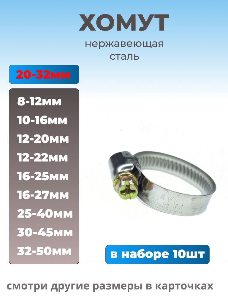 Хомутчервячныйизнержавеющейстали,разм.20х32мм,лента9мм,10шт.