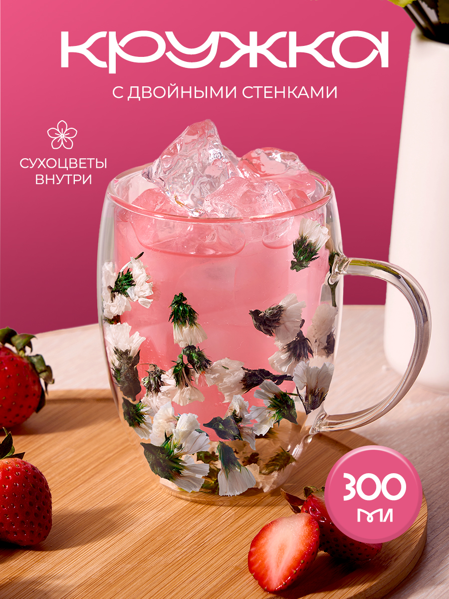 Кружка с двойными стенками JoLand с цветами 300 мл прозрачная