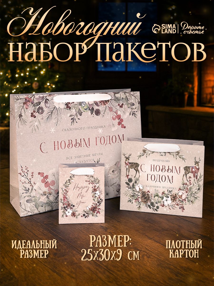 Пакеты новогодние подарочные, набор 3 шт.