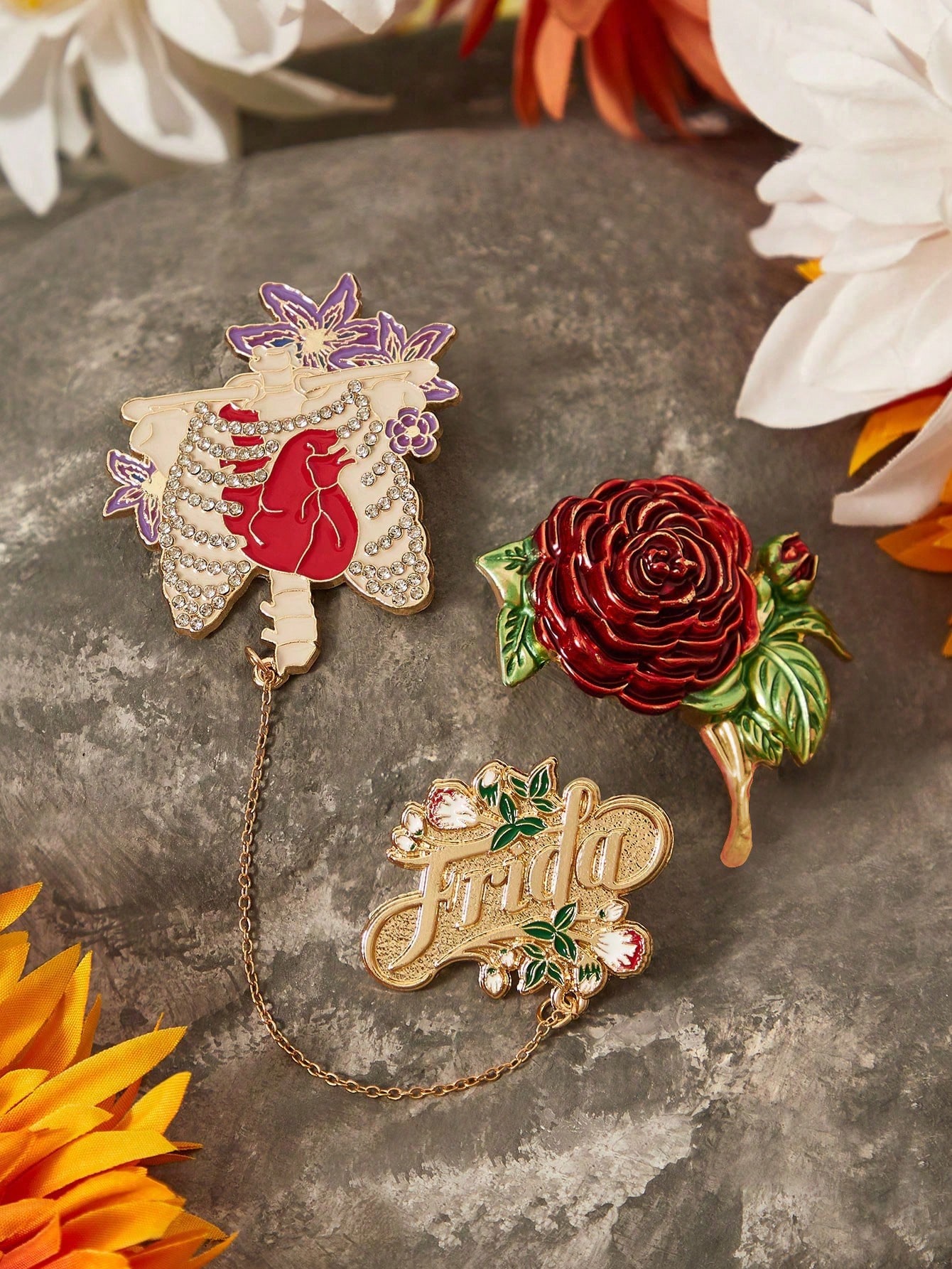 Frida Kahlo X SHEIN набор из 3 элегантных брошей с цветами и стразами