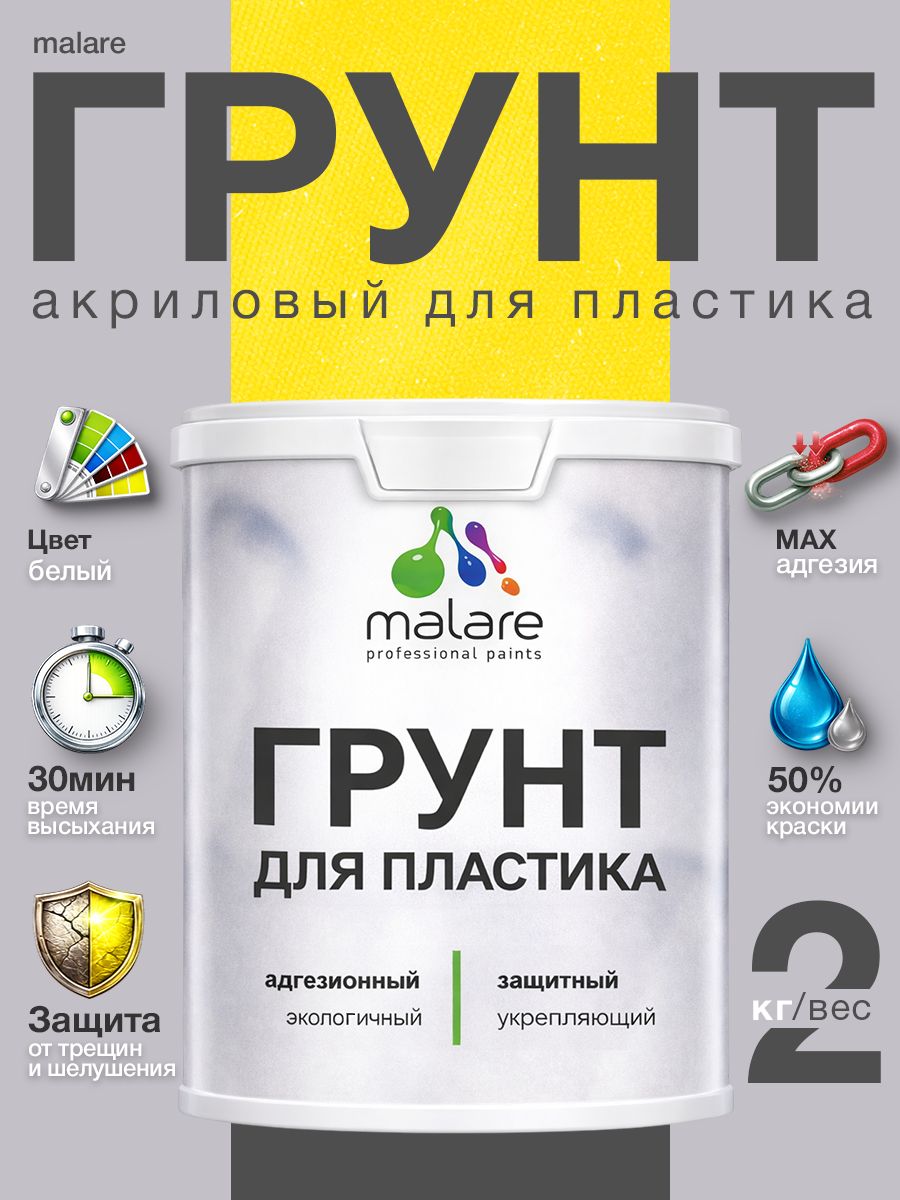 Грунт для пластика Malare акриловый адгезионный, без запаха быстросохнущий, белый, 2 кг.