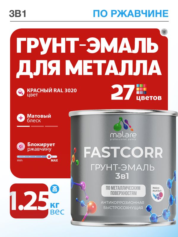 Грунт-эмаль по ржавчине 3 в 1 Malare FastCorr краска для металла, антикоррозионная износостойкая быстросохнущая RAL 3020, красный, матовая, 1,25 кг.