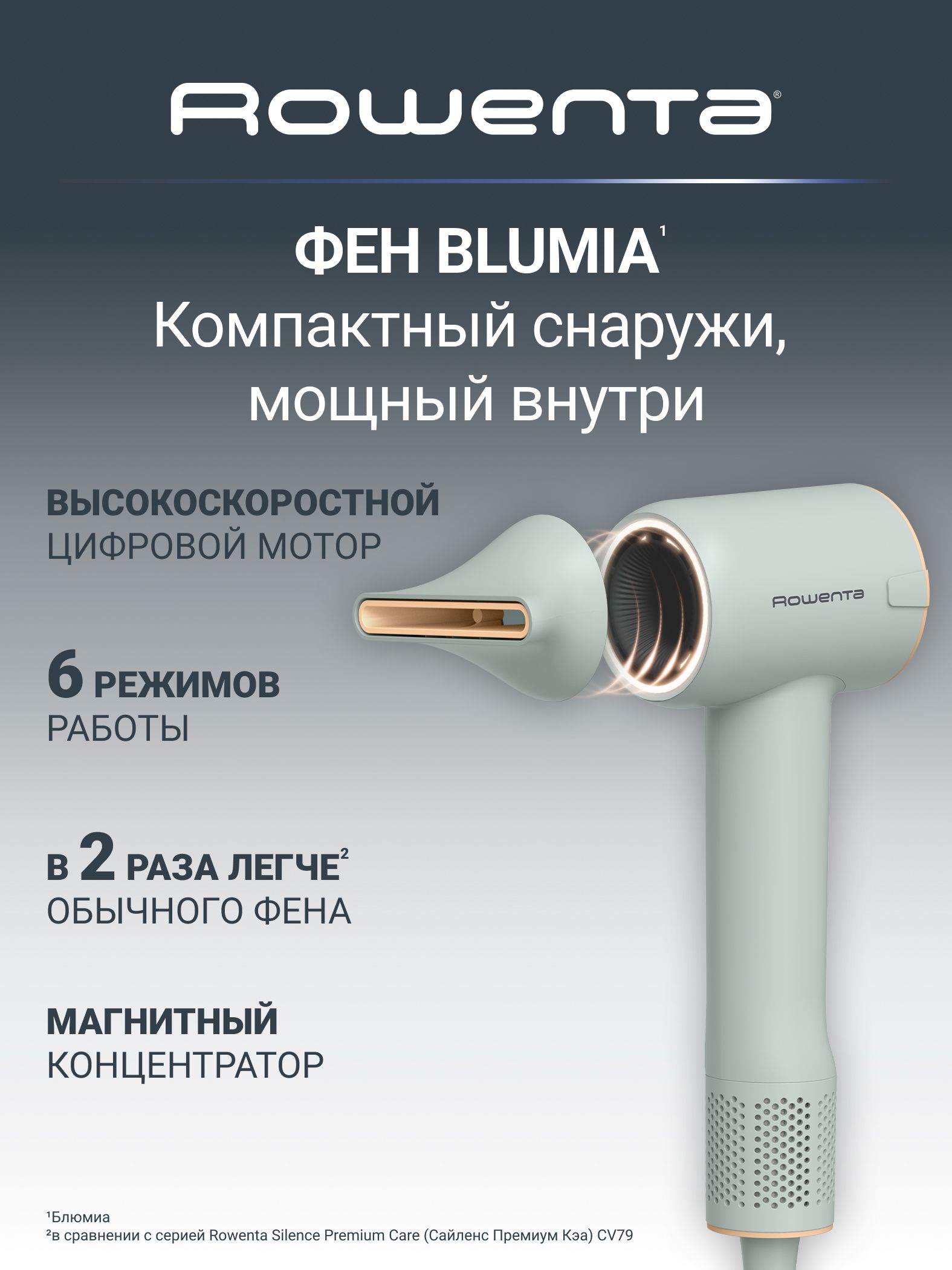 Rowenta Blumia HY5N12E0 Фен для волос, 1300 Вт, BLDC мотор, концентратор, светло-зеленый