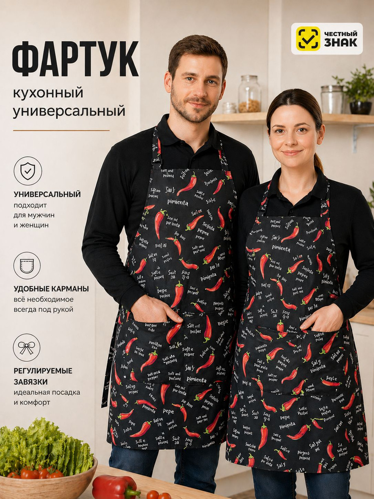 Фартук, Фартук кухонный, Непромокаемый, Универсальный, 2 кармана, На завязках #1