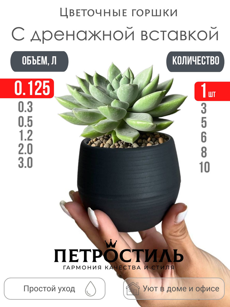 Петростиль Горшок для цветов 0.125 л, 7 см, 1 шт, цвет темно-серый #1