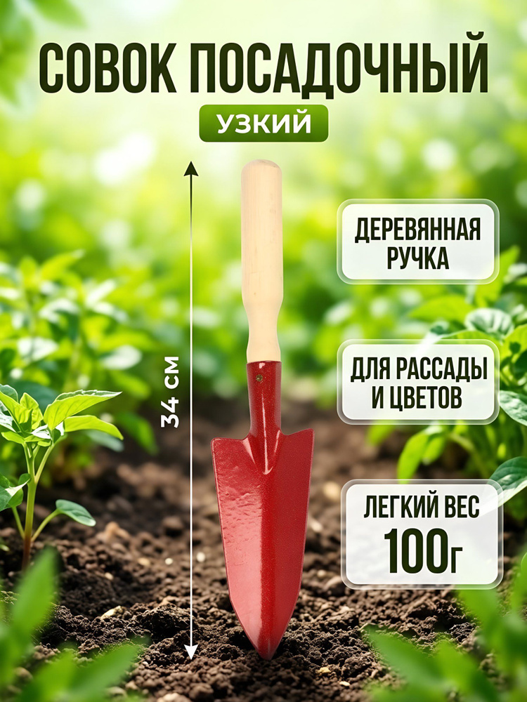 Совок посадочный узкий металлический деревянная рукоятка длина 34 см #1