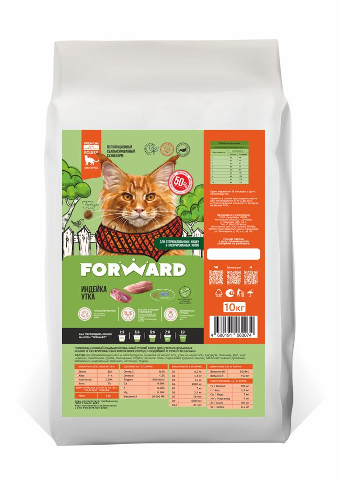 Корм Forward сухой для стерилизованных кошек и кастрированных котов ...