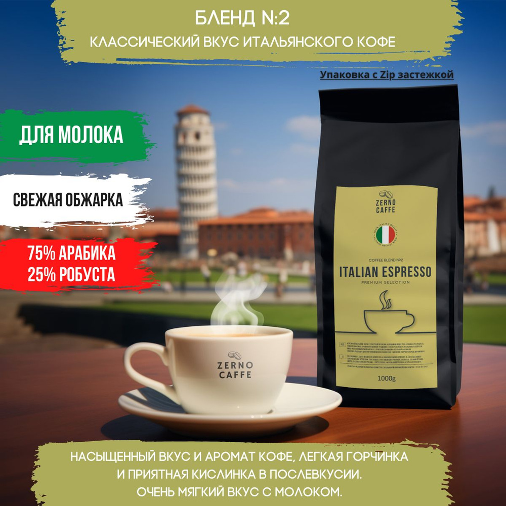 Кофе в зернах 1 кг ИТАЛЬЯНСКИЙ ЭСПРЕССО свежая обжарка ZERNO CAFFE для  кофемашины