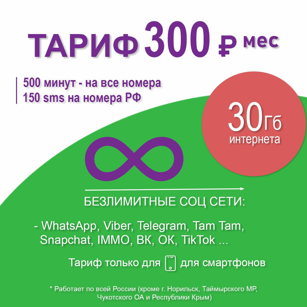 SIM-карта Сим карта 300 рублей в месяц (Вся Россия)