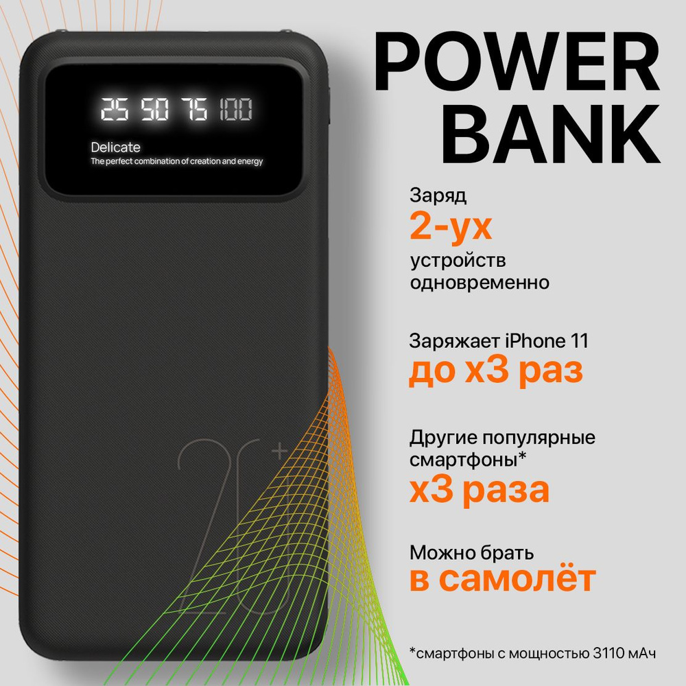 Повербанк 20000mah Power Bank 20000, внешний аккумулятор для телефона,  черный