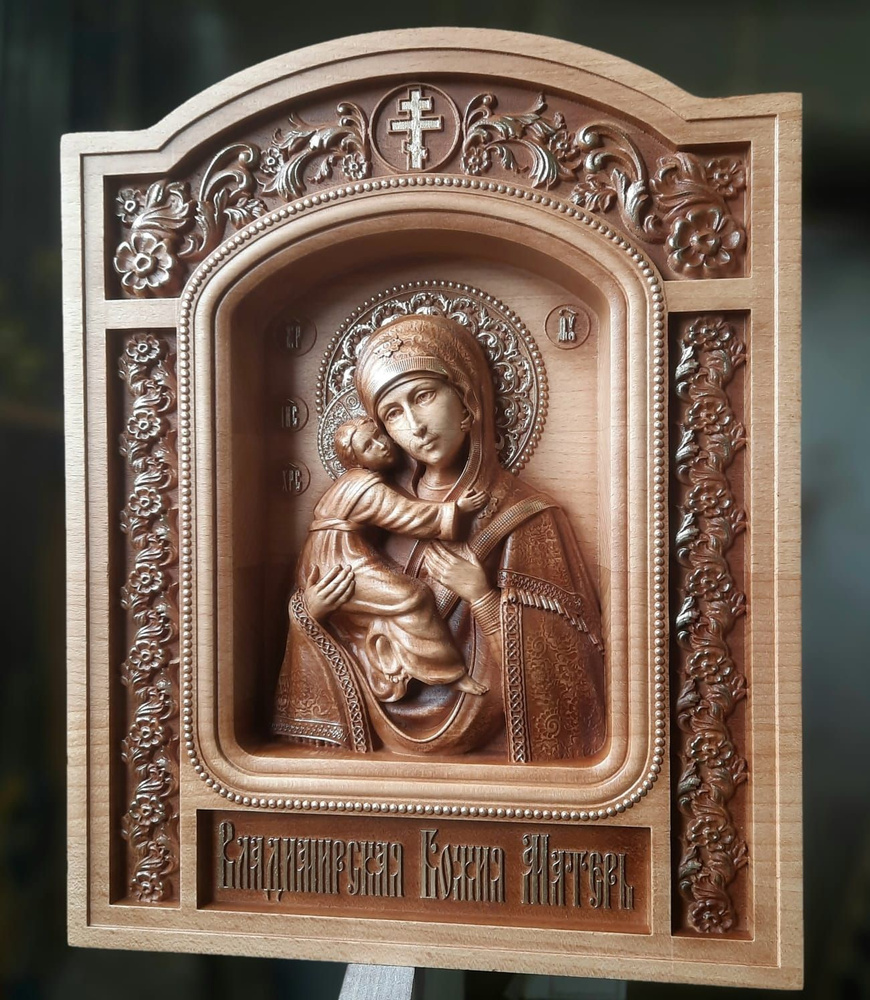Икона резная из дерева 28 х 22 см Владимирская Божья матушка - купить ...