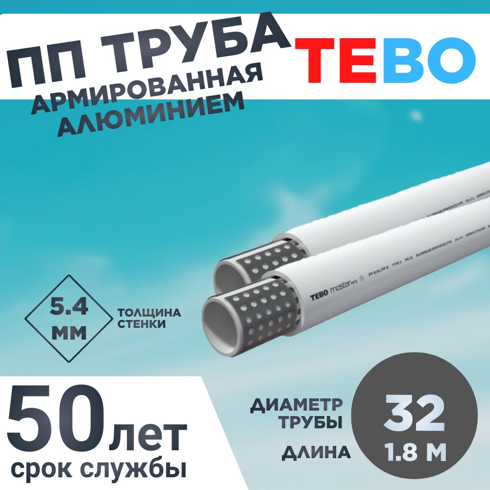 Полипропиленовая труба армированная алюминием 32х5,4 Master Pipe L1.8M TEBO  #1