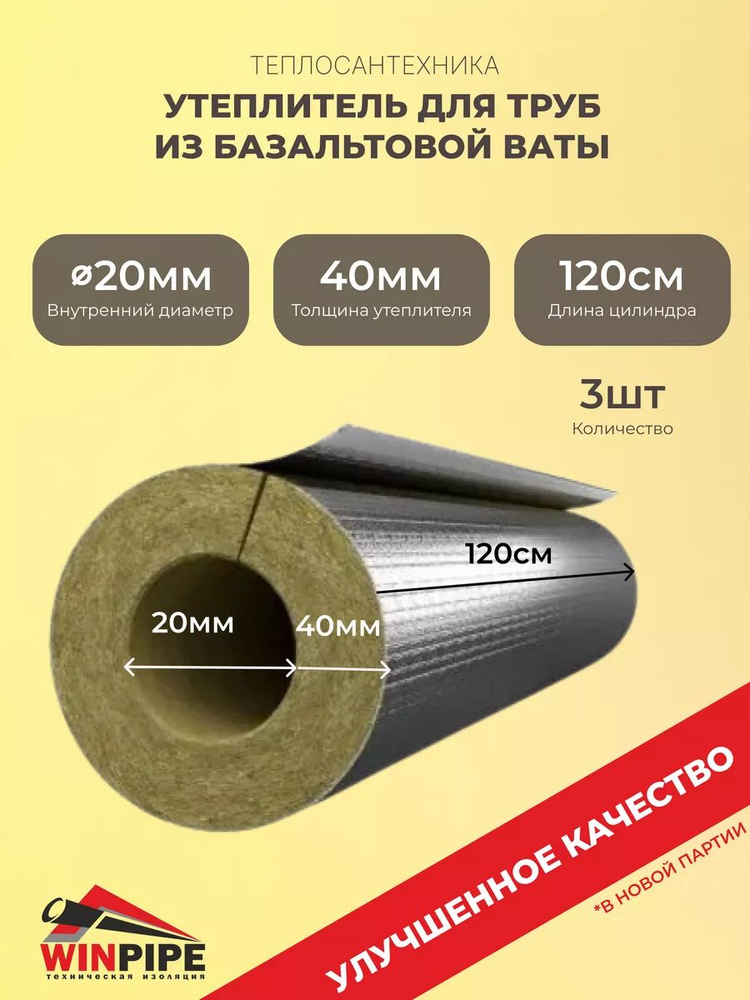 Утеплитель для труб из базальтовой (минеральной) ваты фольгированный d 20мм х 40мм, 3шт  #1