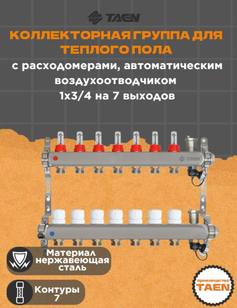 Коллекторная группа для теплого пола TAEN 1x3/4x7 с расходомерами, автоматическим воздухоотводчиком, #1