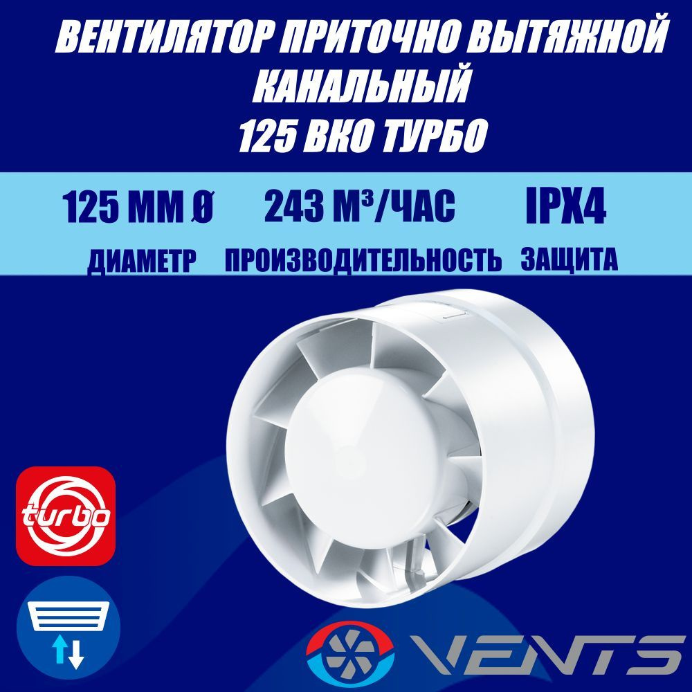 Вентилятор приточно-вытяжной канальный Вентс 125 ВКО Турбо  #1