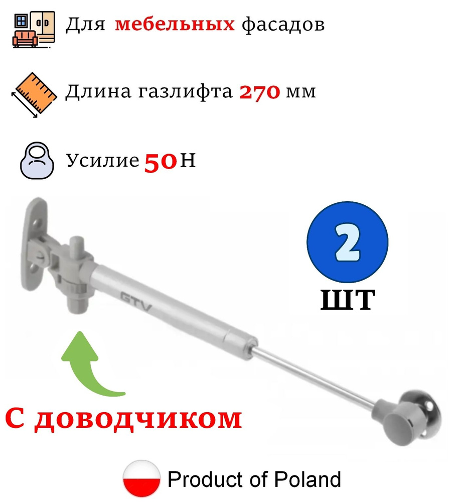 2 шт - Газлифт мебельный с доводчиком 50N для кухонного шкафа, GTV - 2 шт, серый  #1