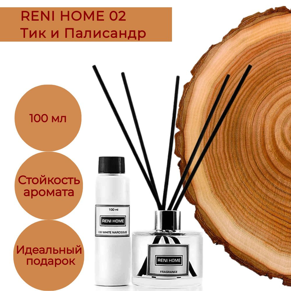 Ароматический диффузор RENI HOME 02 ROSEWOOD / Тик и палисандр (аромат для  дома), 100 мл