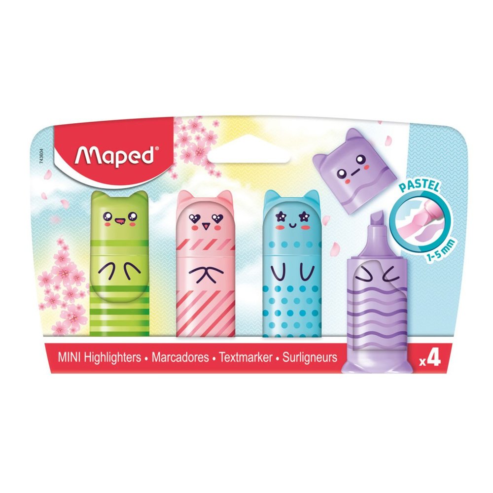 Набор текстовыделителей 4 шт, 1-5 мм, скошенный, цвет 4 цвета Mini pastel Fluo peps Maped 743604  #1