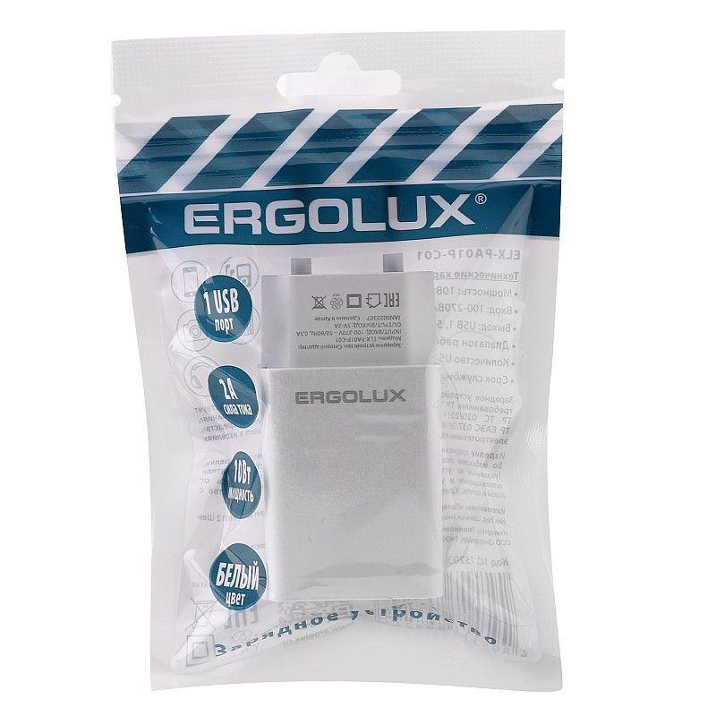 Ergolux Сетевой адаптер 10Вт, 1USB, 100-220В, 5V/2А, Белый #1