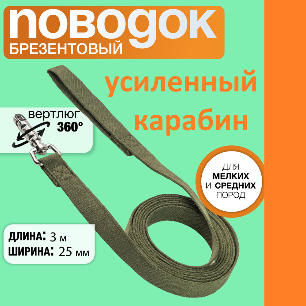 Поводок брезентовый 3м х 25мм, с усиленным цилиндрическим карабином, прошитый, для собак мелких и средних #1