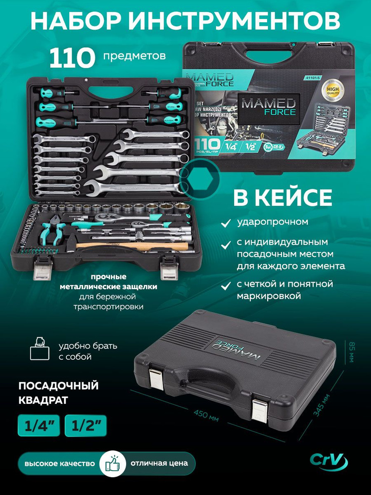 Набор инструментов для автомобиля 1/4'' и 1/2'', 110 предметов в кейсе #1