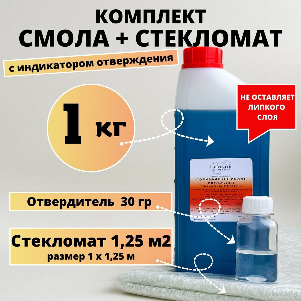 Полиэфирная смола 1 кг + Стекломат 1,25 м2 #1