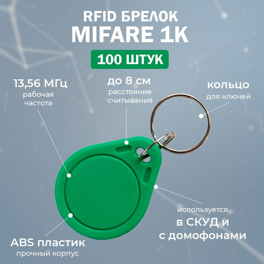 RFID брелок MIFARE (НЕПЕРЕЗАПИСЫВАЕМЫЙ) зеленый / Бесконтактный ключ доступа СКУД 13.56 МГц / упаковка #1