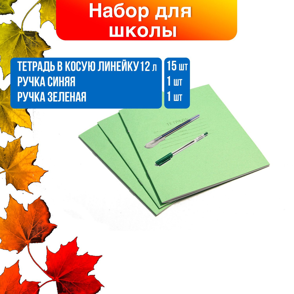 Набор для школы, набор тетрадей в косую линейку 12листов 15шт,ручка шариковая синего цвета, ручка зелёного #1