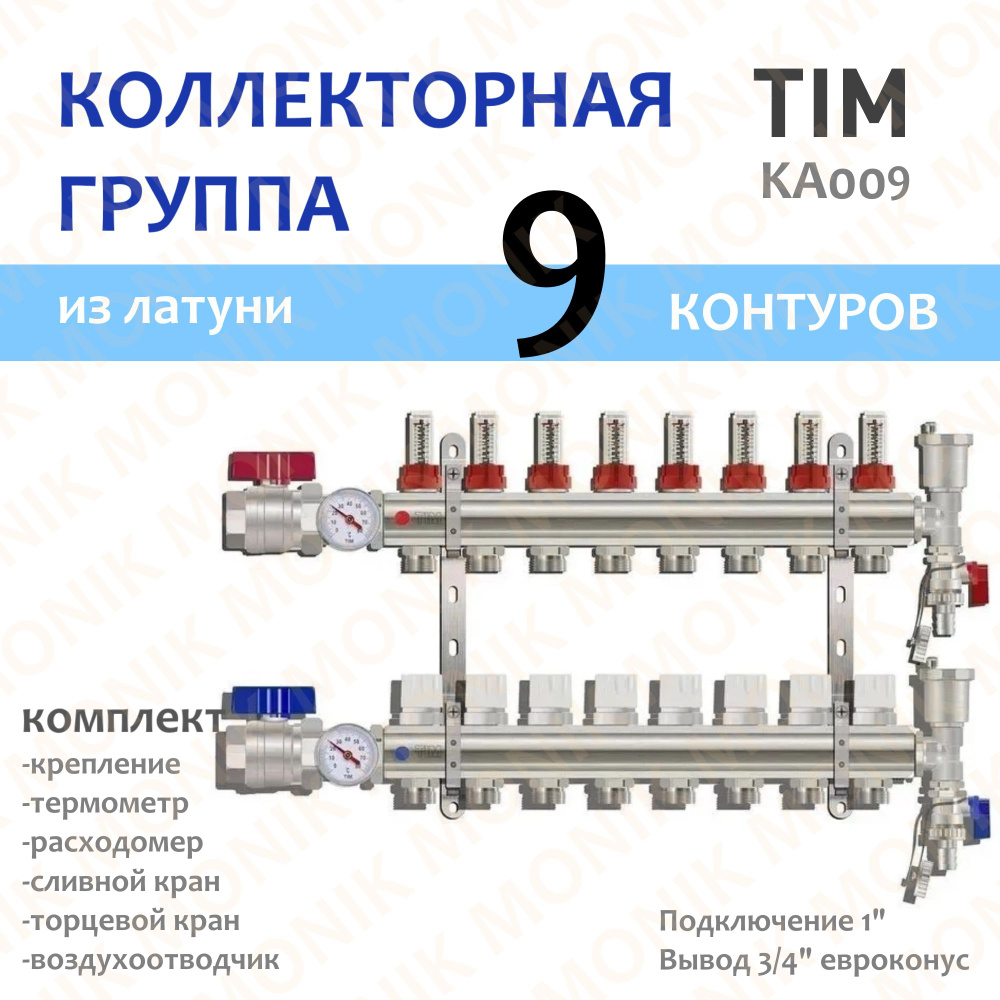 Коллекторная группа из ЛАТУНИ 9 выходов TIM KA009 расходомер, воздухоотводчик, сливной кран, торцевой #1