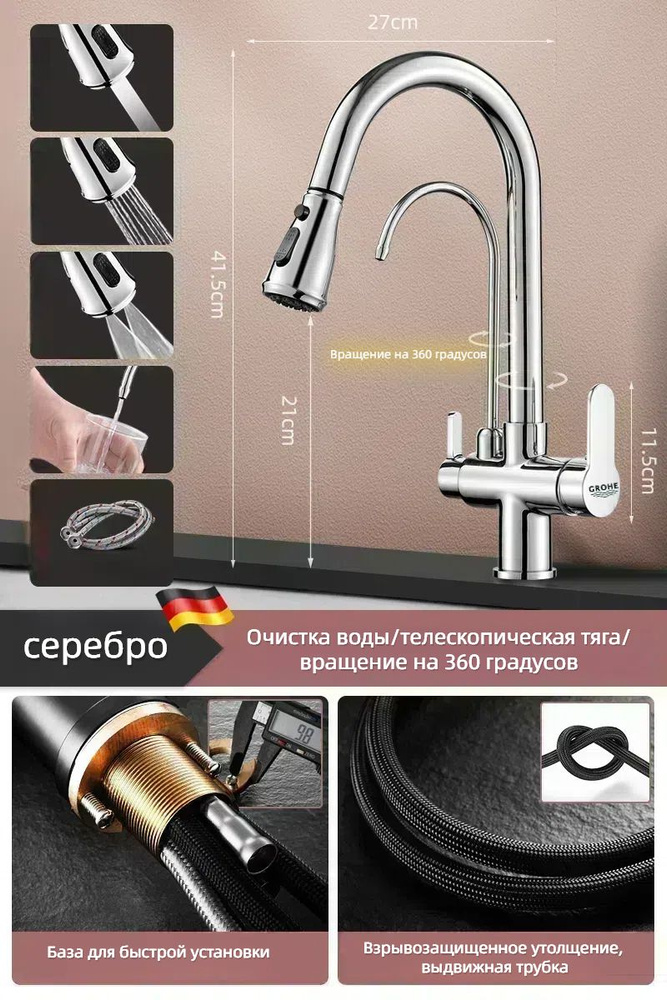 GROHE, многофункциональный смеситель для кухонной мойки с двойной ручкой и двойным отверстием,  #1