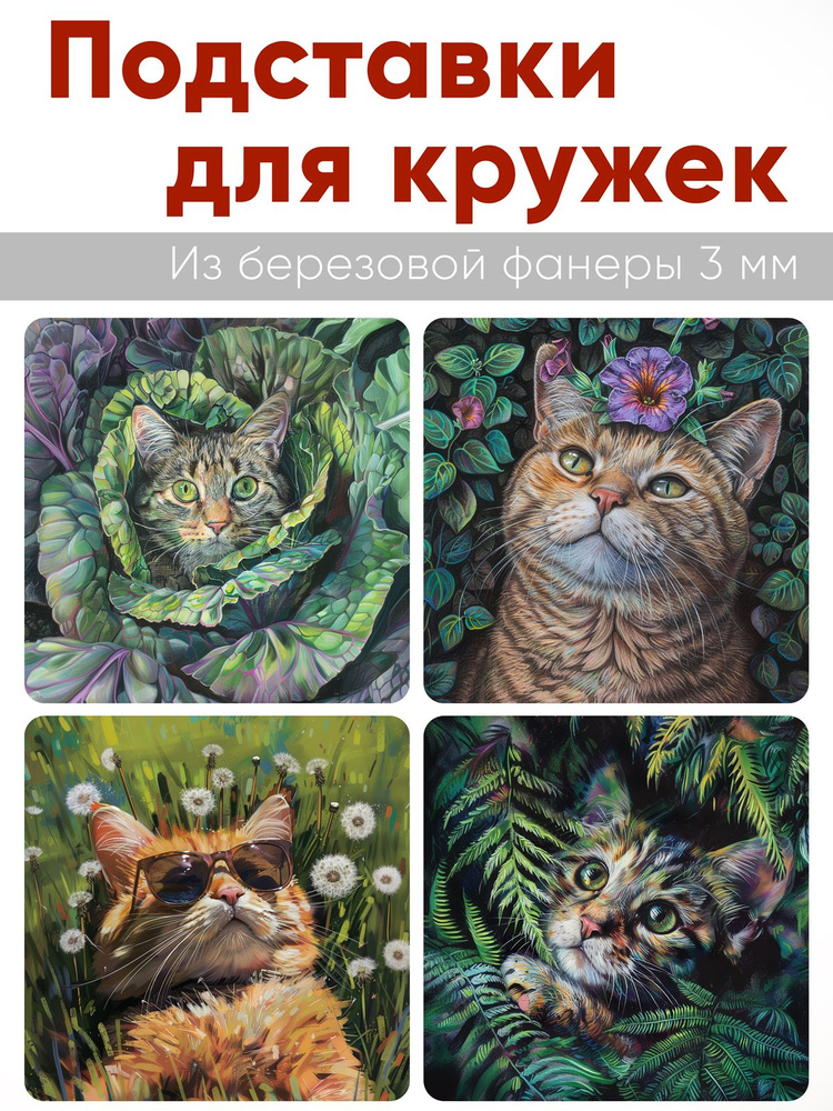 Подставки для кружек Тайная жизнь кота , 4 шт (10 х 10 см), березовая фанера (Костер)  #1