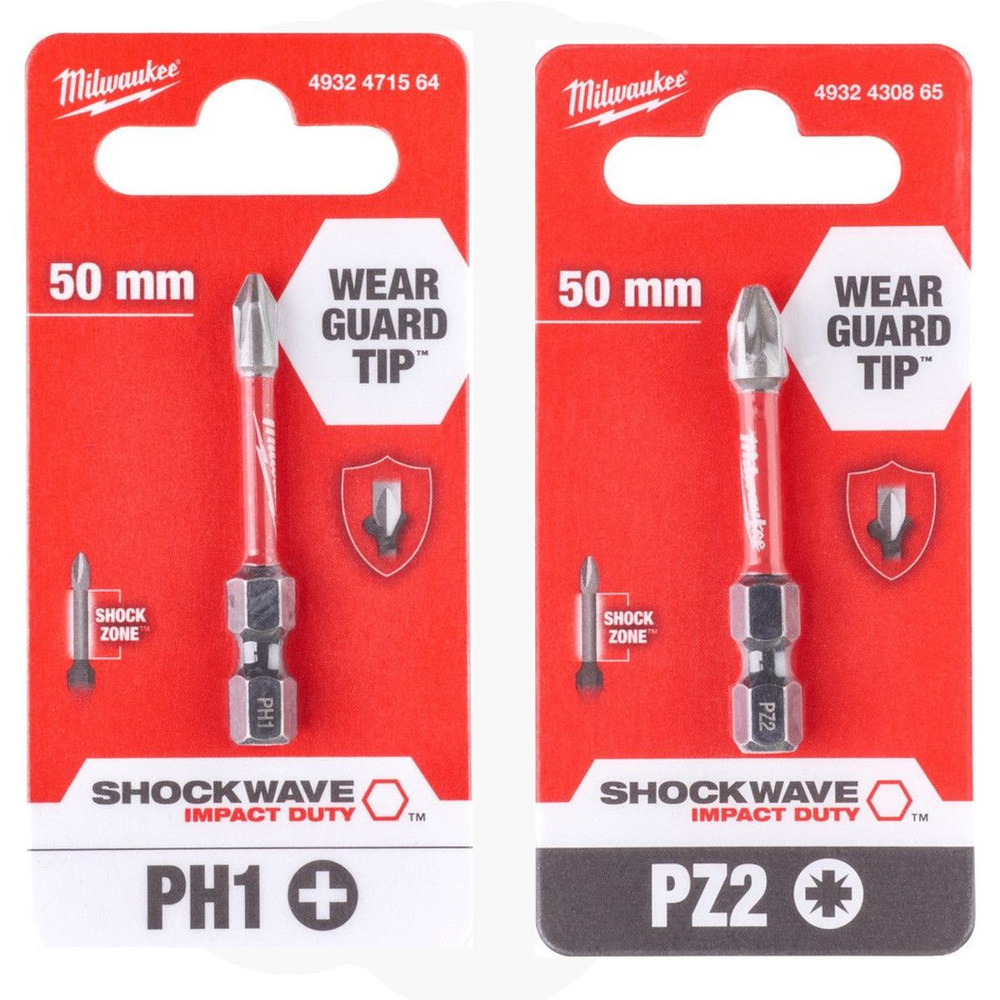 PH1(2шт)+PZ2(2шт) 50мм. Набор бит для шуруповёрта ударных Shockwave MILWAUKEE  #1