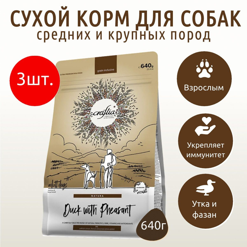 Сухой корм CRAFTIA NATURA 1920 г (3 упаковки по 640 г) для взрослых собак средних и крупных пород из #1